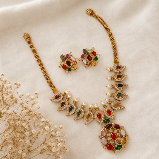 Navratna stone studded adigai necklace
