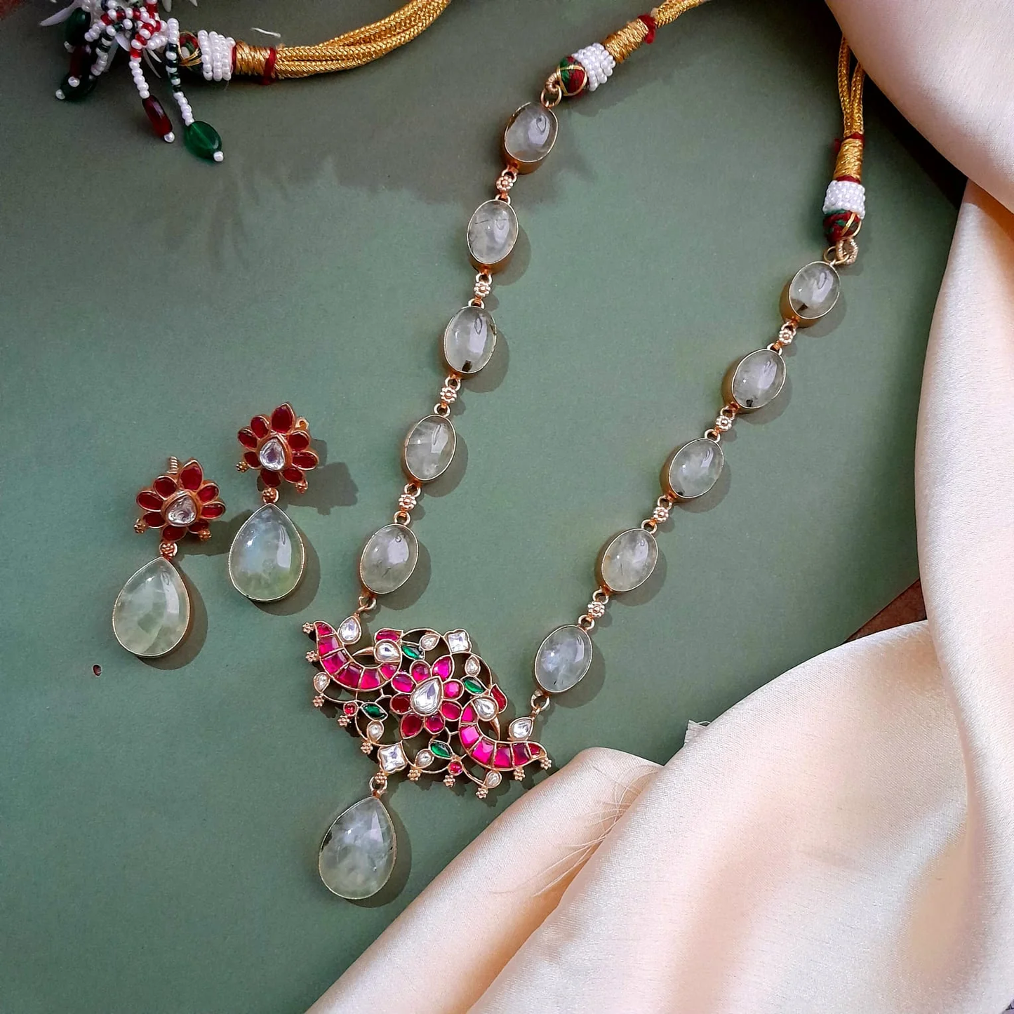 Bold and beautiful Jadau kundan exclusive stone necklace set Prehnite