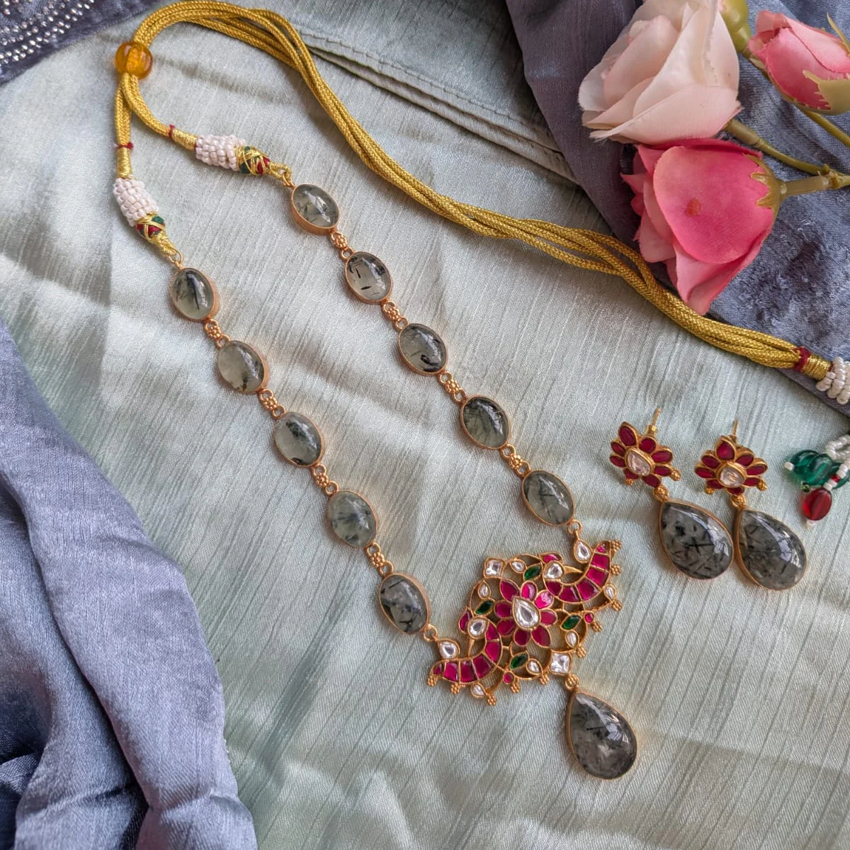 Bold and beautiful Jadau kundan exclusive stone necklace set Prehnite