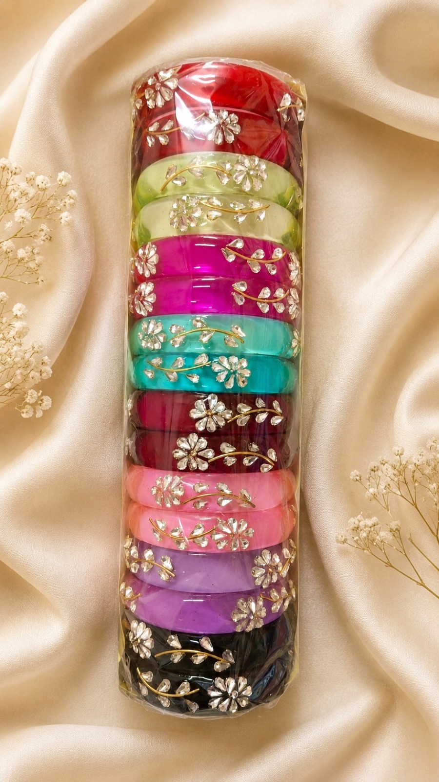 Thick Borosil glass bangle with Kundan work - Set of 2 pc
