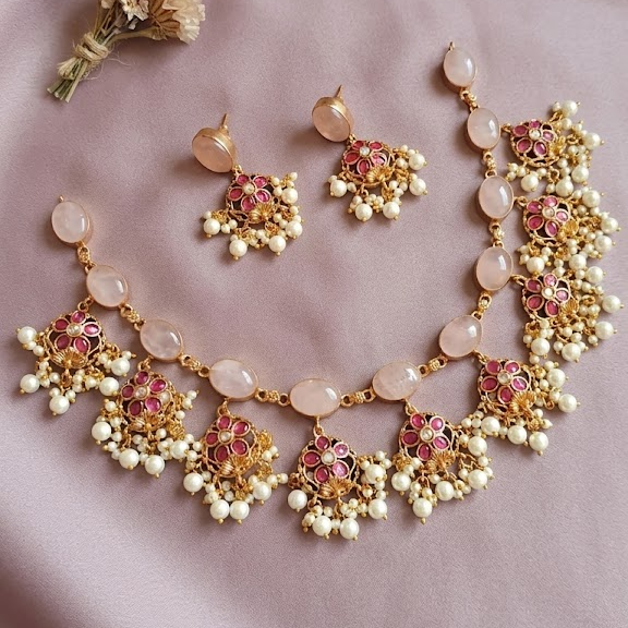 Bold and beautiful Jadau kundan exclusive stone necklace Guttapusulu - Rose Quartz