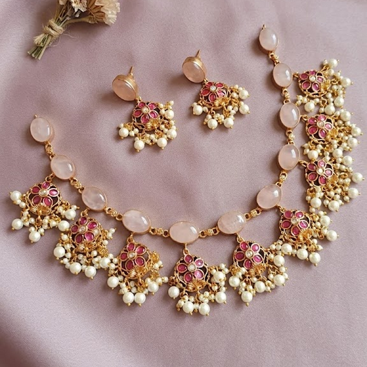 Bold and beautiful Jadau kundan exclusive stone necklace Guttapusulu - Rose Quartz