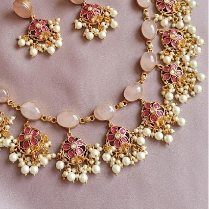 Bold and beautiful Jadau kundan exclusive stone necklace Guttapusulu - Rose Quartz
