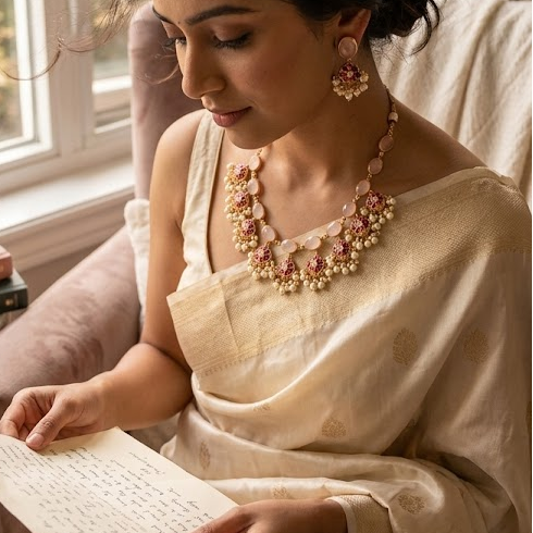 Bold and beautiful Jadau kundan exclusive stone necklace Guttapusulu - Rose Quartz