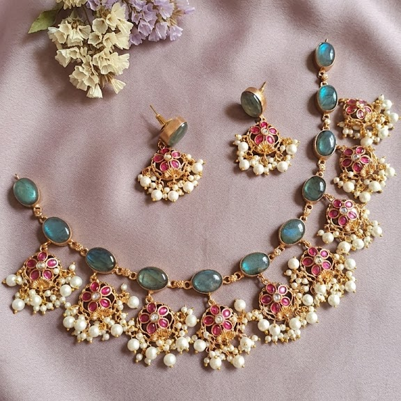 Bold and beautiful Jadau kundan exclusive stone necklace Guttapusulu - Labradorite