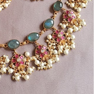 Bold and beautiful Jadau kundan exclusive stone necklace Guttapusulu - Labradorite
