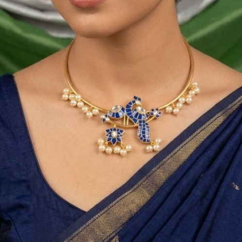 Jadau kundan Bird Hasli necklace - Blue