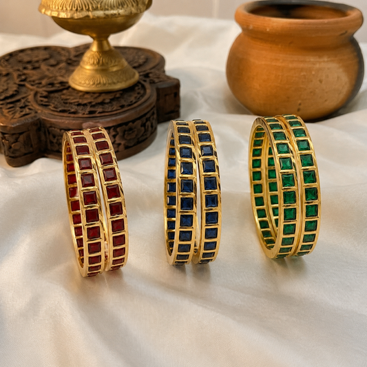 Microplated Square stone studded bangle in Blue, green and red