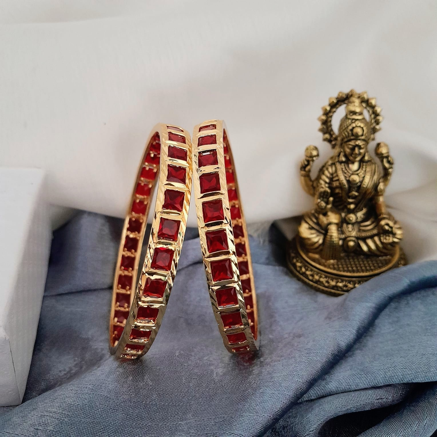 Microplated Square stone studded bangle in Blue, green and red