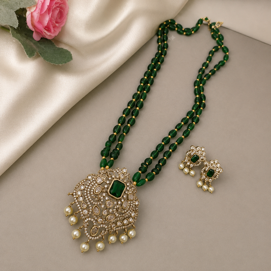 AD stone green beads 2 layer chain set