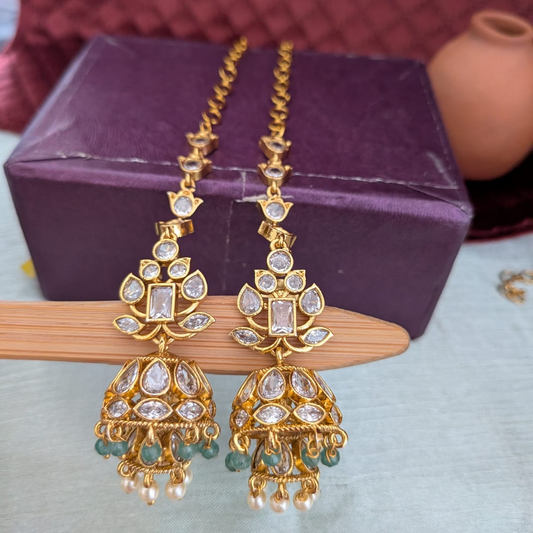 Polki stone Jumkha with Mattal / Earchain white
