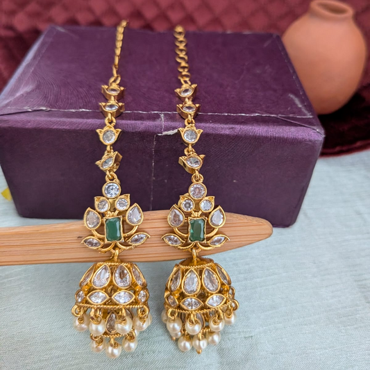 Polki stone Jumkha with Mattal / Earchain Green
