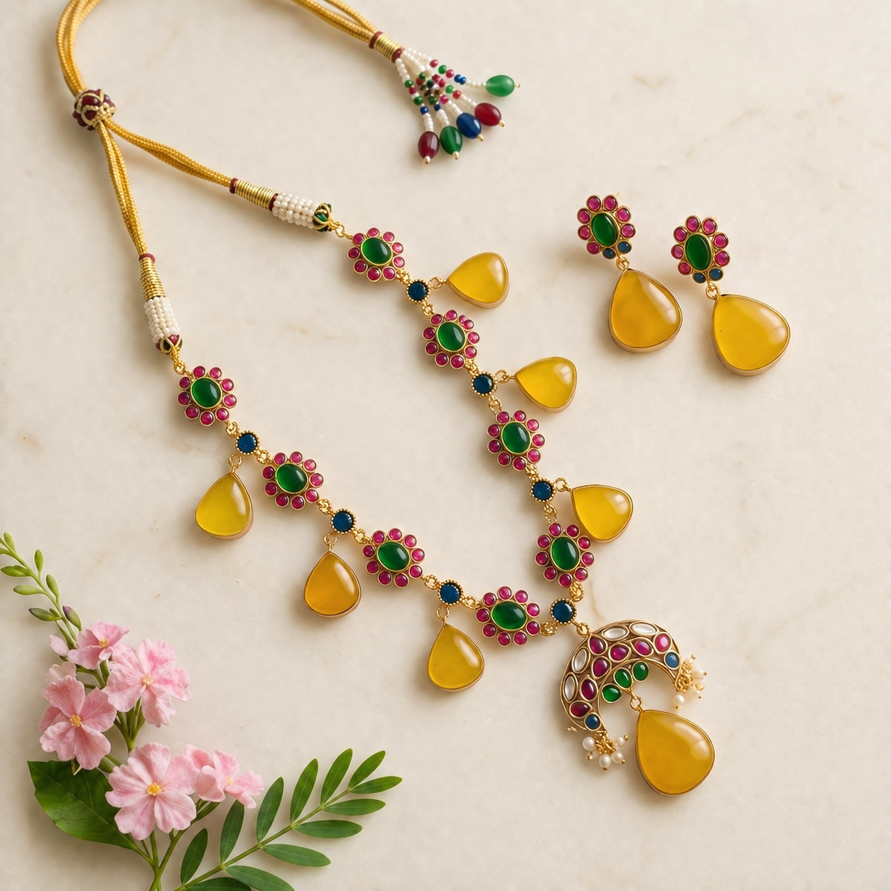 Fusion Jadau kundan exclusive stone necklace Yellow Citrine