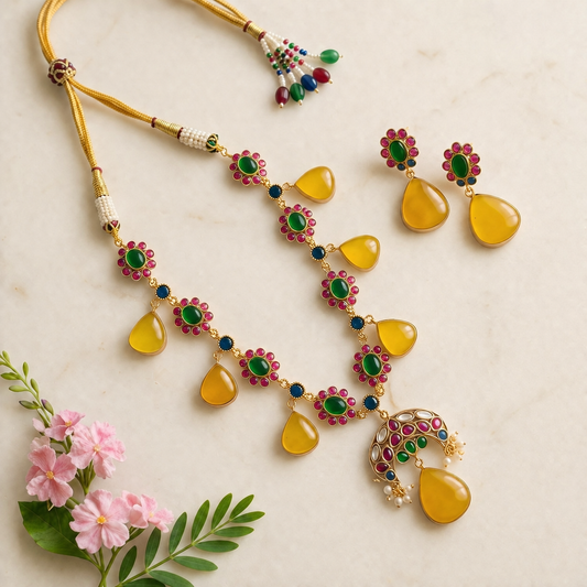 Fusion Jadau kundan exclusive stone necklace Yellow Citrine