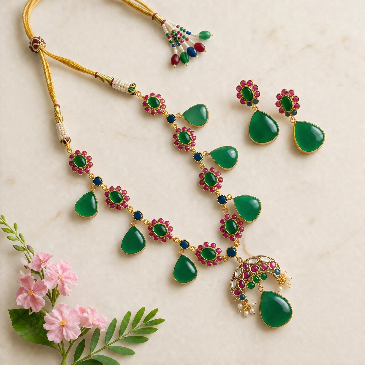 Fusion Jadau kundan exclusive stone necklace Emerald
