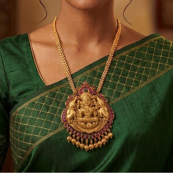 Long gold polished chain with ruby stone lakshmi Pendant necklace