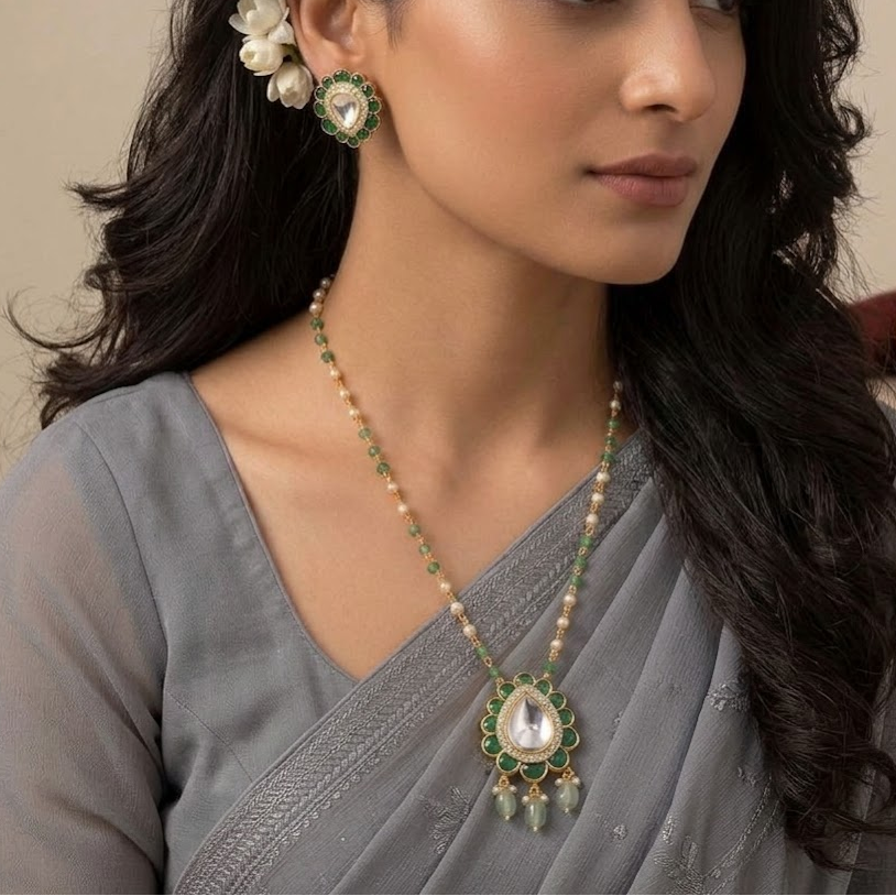 Jadau Kundan green pendant chain