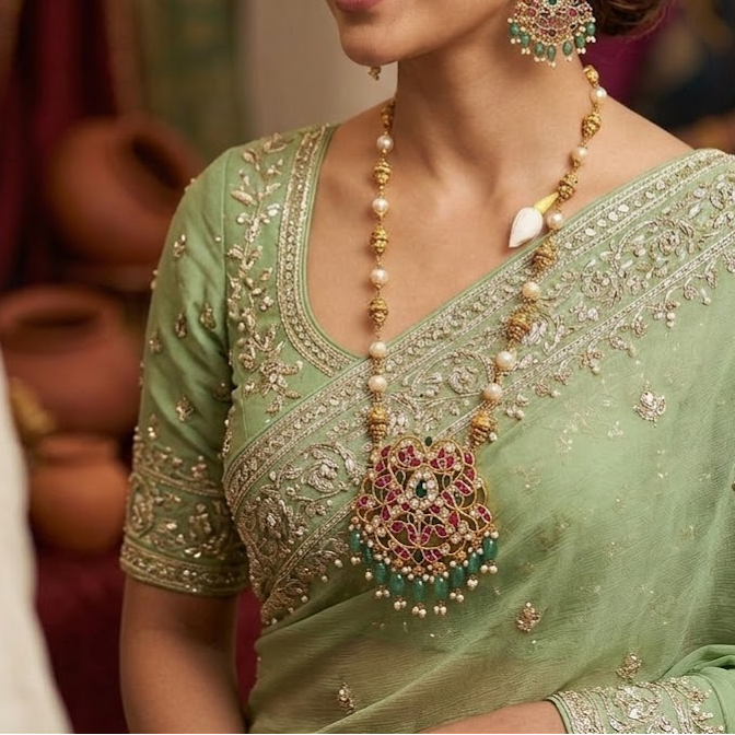 Jadau kundan floral pendant long haram with nakshi work ball