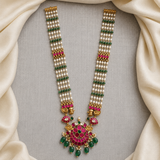 5  Layered jadau kundan ruby drop pearl with green beaded  long necklace