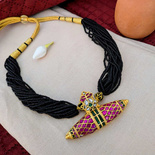 Jadau Kundan Taweez pendant black beaded necklace