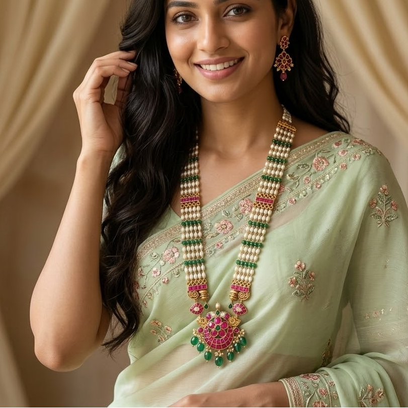 5  Layered jadau kundan ruby drop pearl with green beaded  long necklace