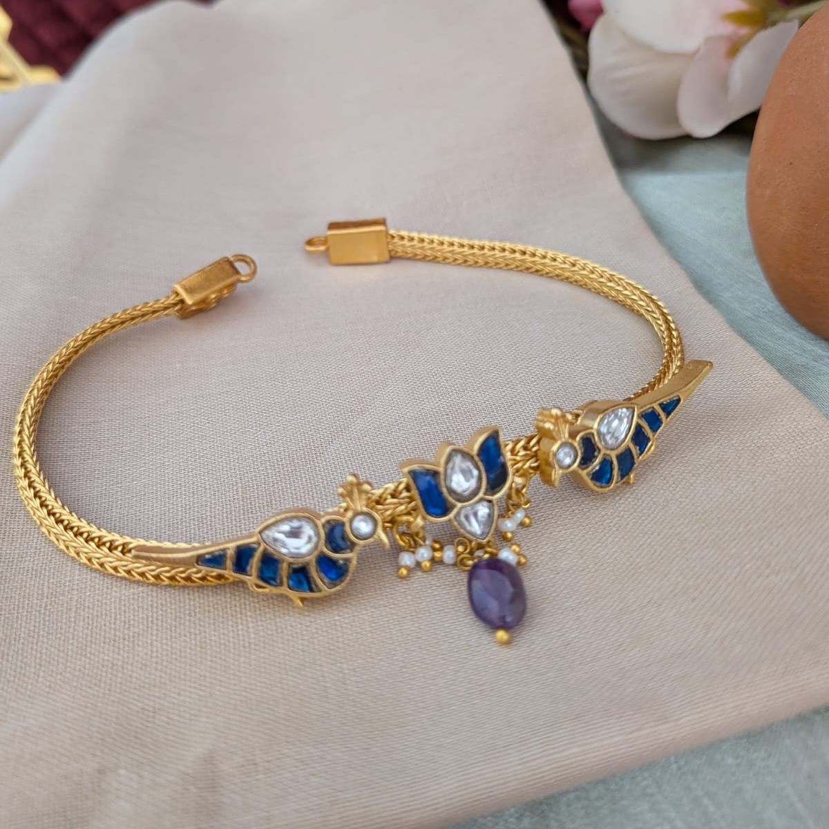 Jadau kundan bird with Lotus bule Choker