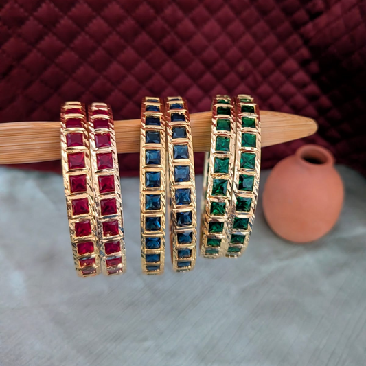 Microplated Square stone studded bangle in Blue, green and red