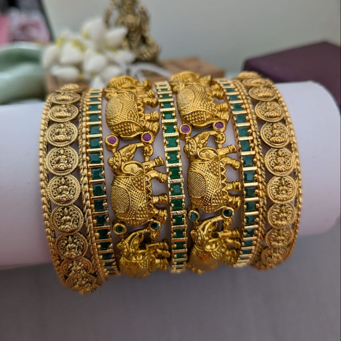 Antique Elephant bridal bangle in Green and white stone