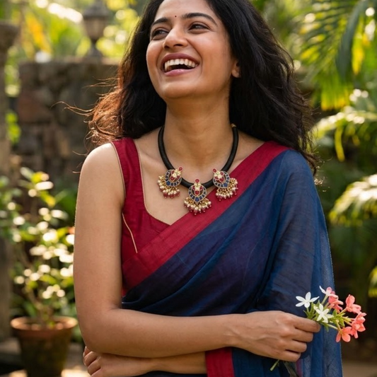 Jadau kundan blue with ruby stone Pendant thread set