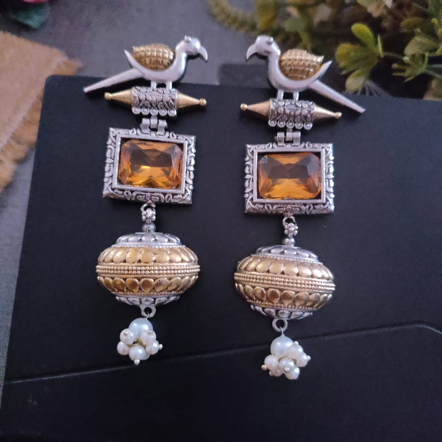 Brid yellow  stone dual tone long earring with small pearls