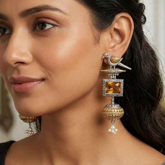 Brid yellow  stone dual tone long earring with small pearls