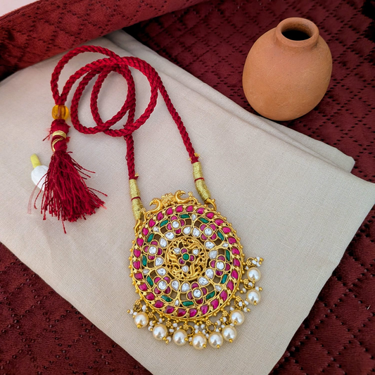 Round  Jadau pendant ruby white stone long necklace
