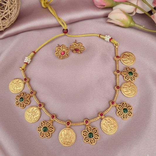Lakshmi coin ruby stone necklace