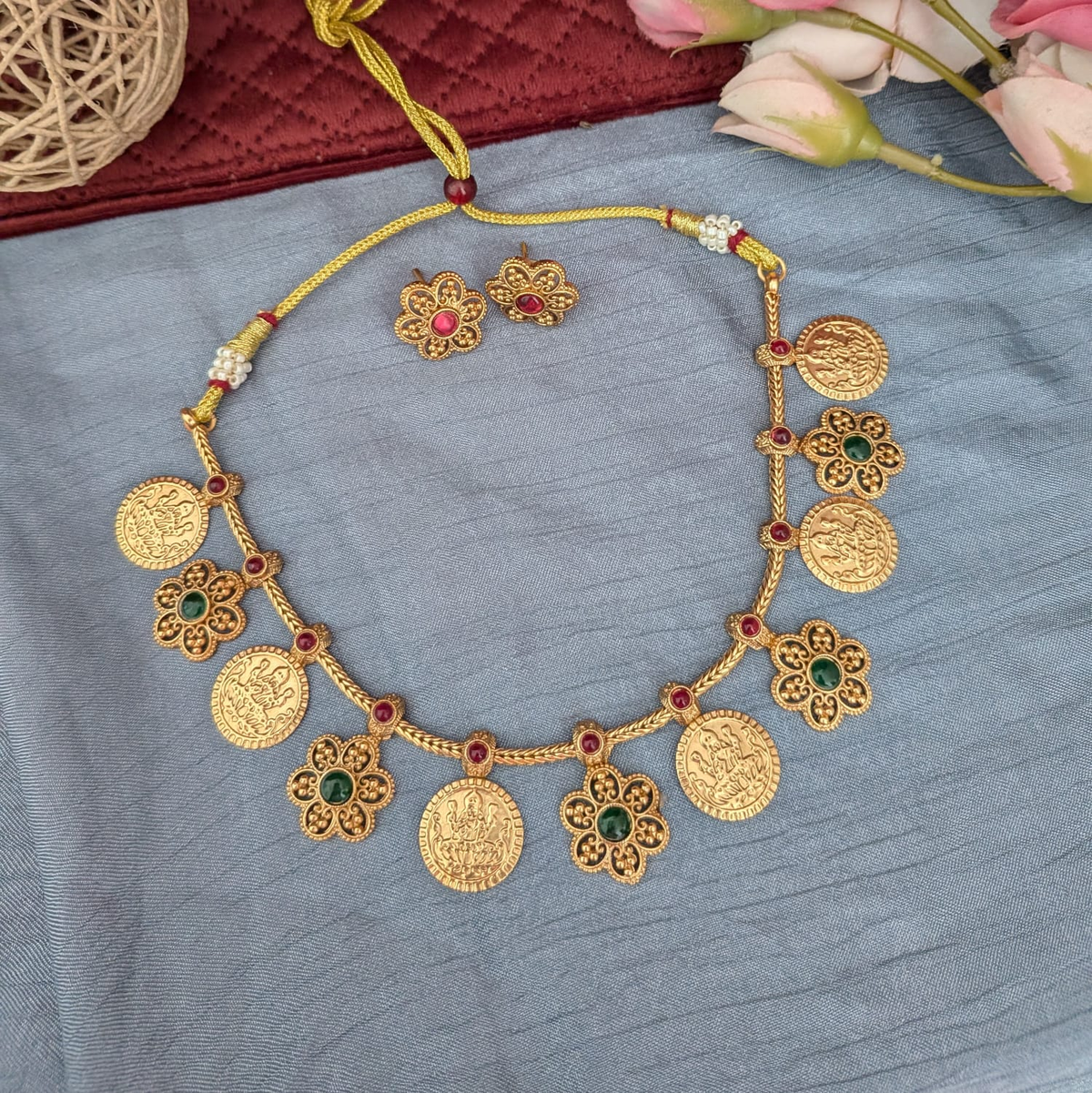 Lakshmi coin ruby stone necklace