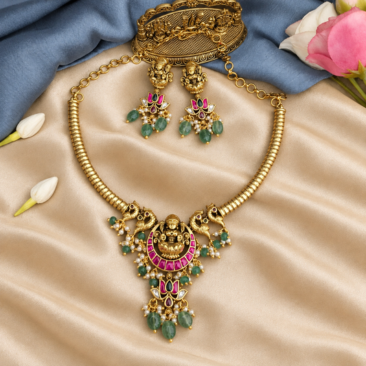 Lakshmi with lotus jadau kundan ruby stone green drob hasli Necklace