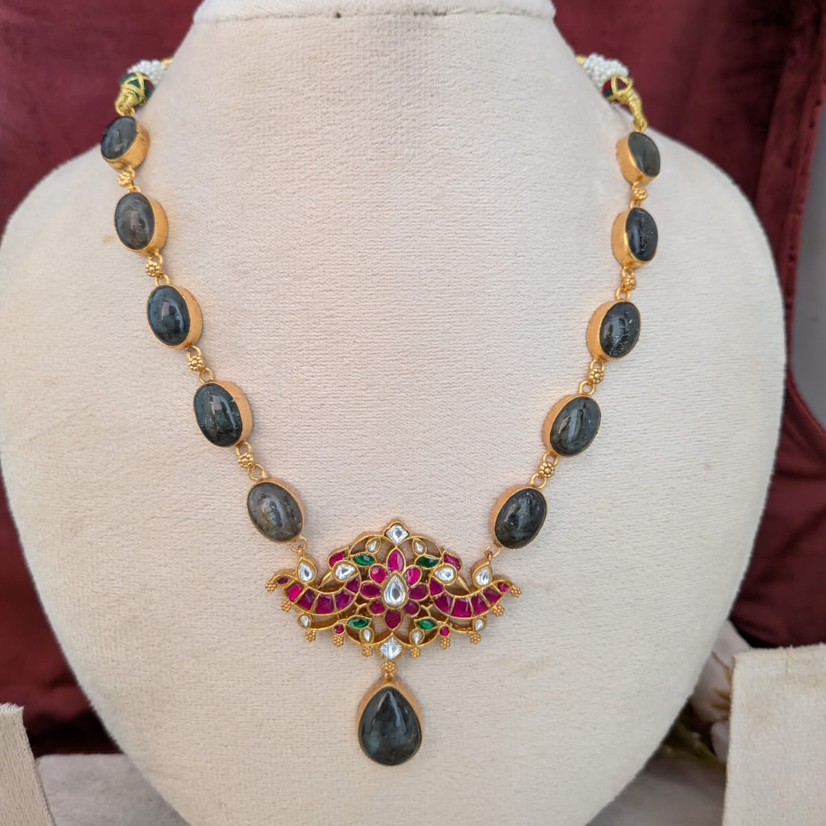 Bold and beautiful Jadau kundan exclusive stone necklace set Labradorite