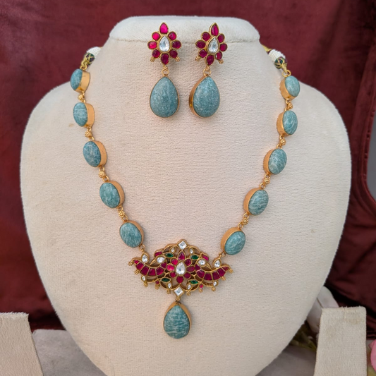 Bold and beautiful Jadau kundan exclusive stone necklace set Amazonite