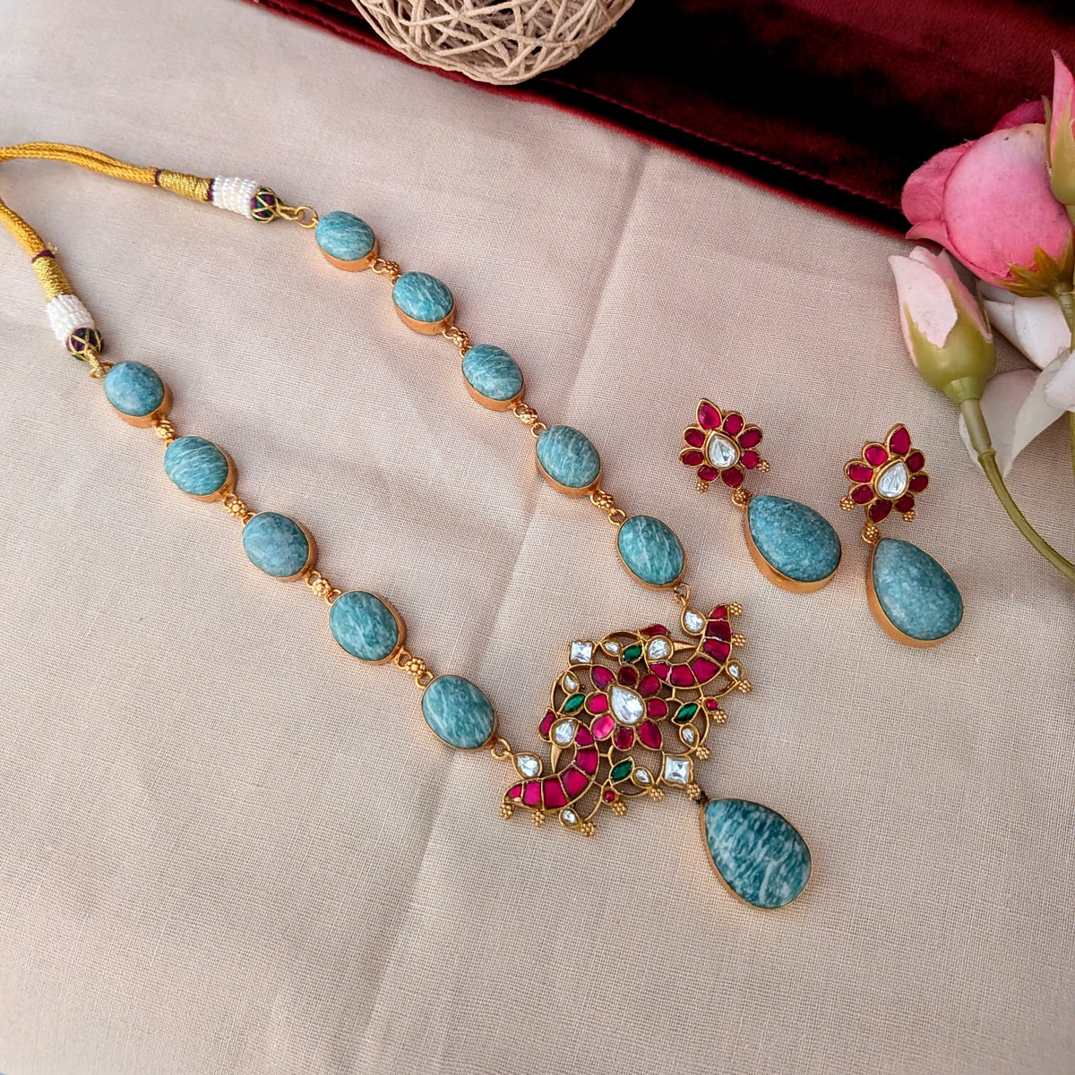 Bold and beautiful Jadau kundan exclusive stone necklace set Amazonite