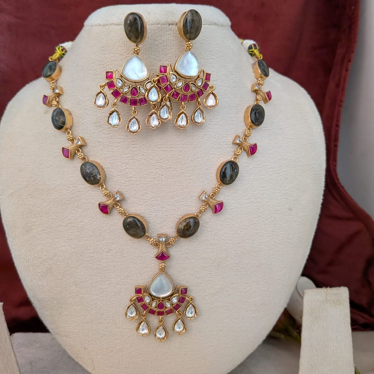 Jadau kundan Cresent shaped pendant with Labradorite stone necklace