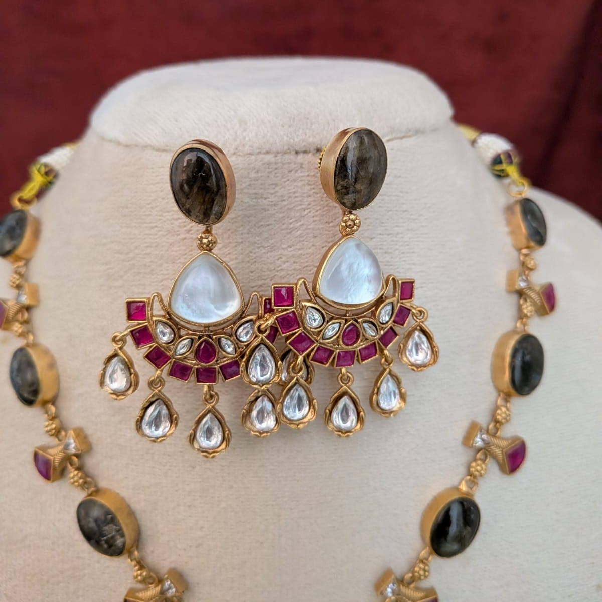 Jadau kundan Cresent shaped pendant with Labradorite stone necklace