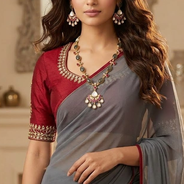 Jadau kundan Cresent shaped pendant with Labradorite stone necklace
