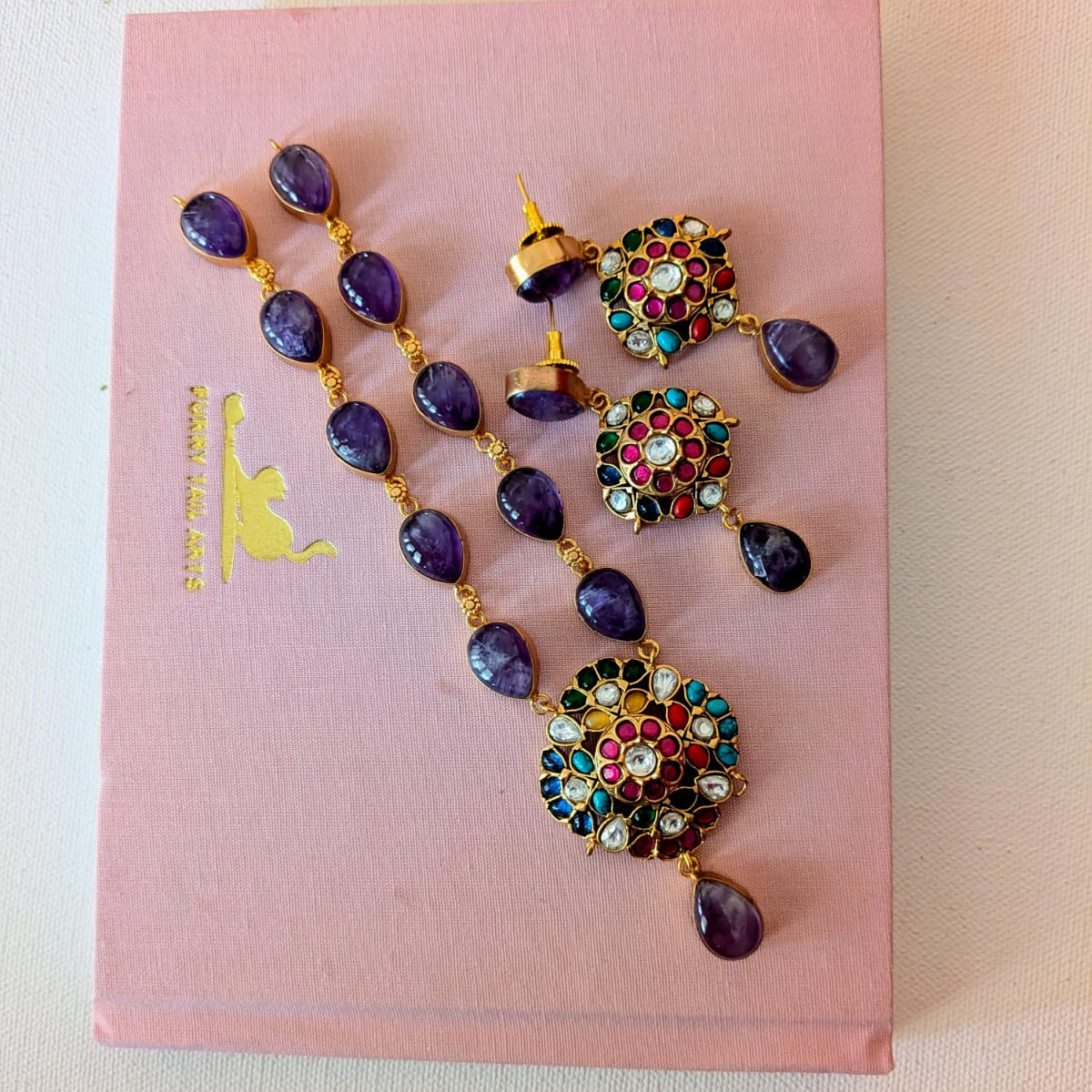 Semiprecious stone Jadau kundan necklace Amethyst with navratna