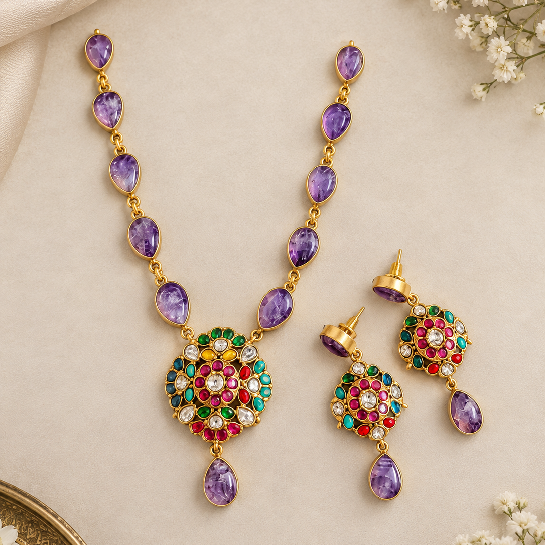 Semiprecious stone Jadau kundan necklace Amethyst with navratna