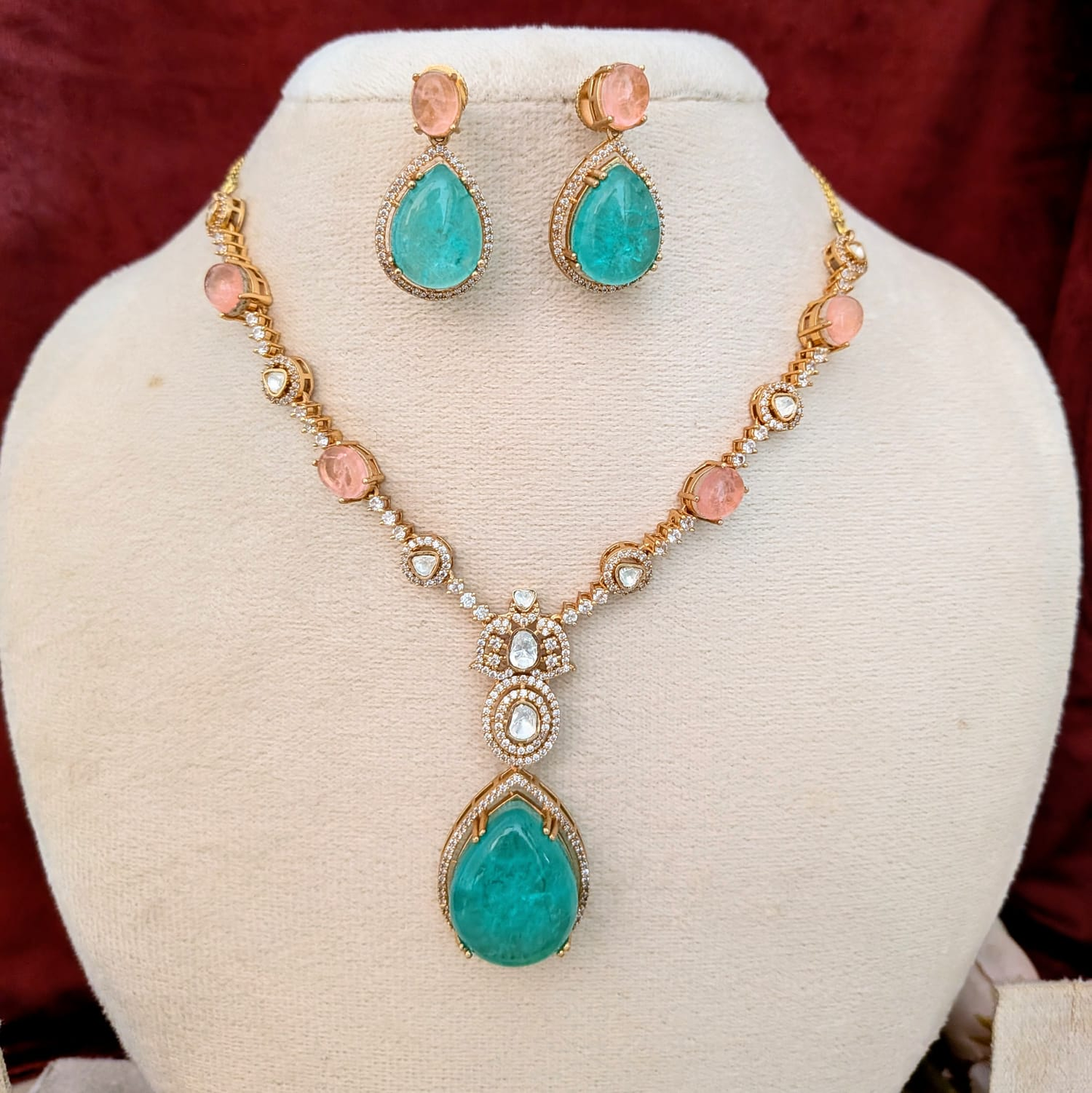Polki moisanite doublet stone necklace set