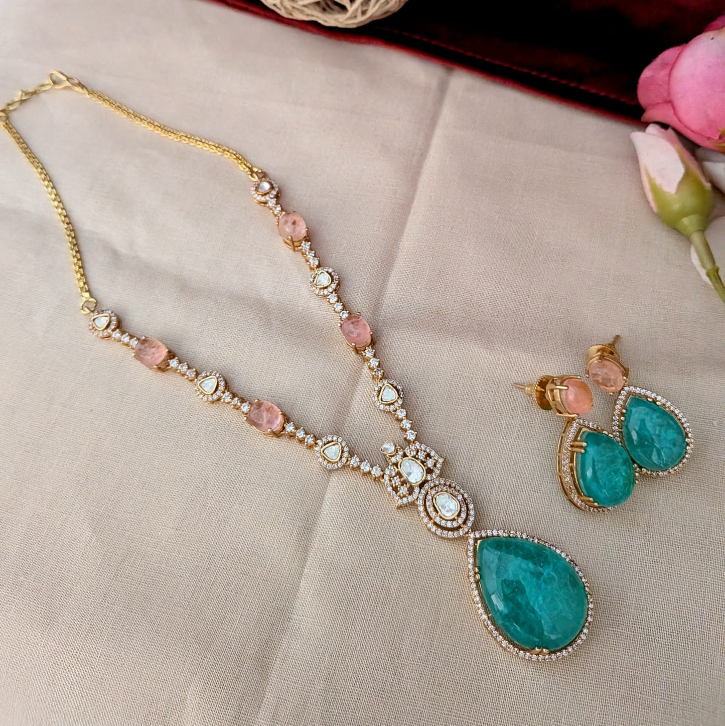 Polki moisanite doublet stone necklace set