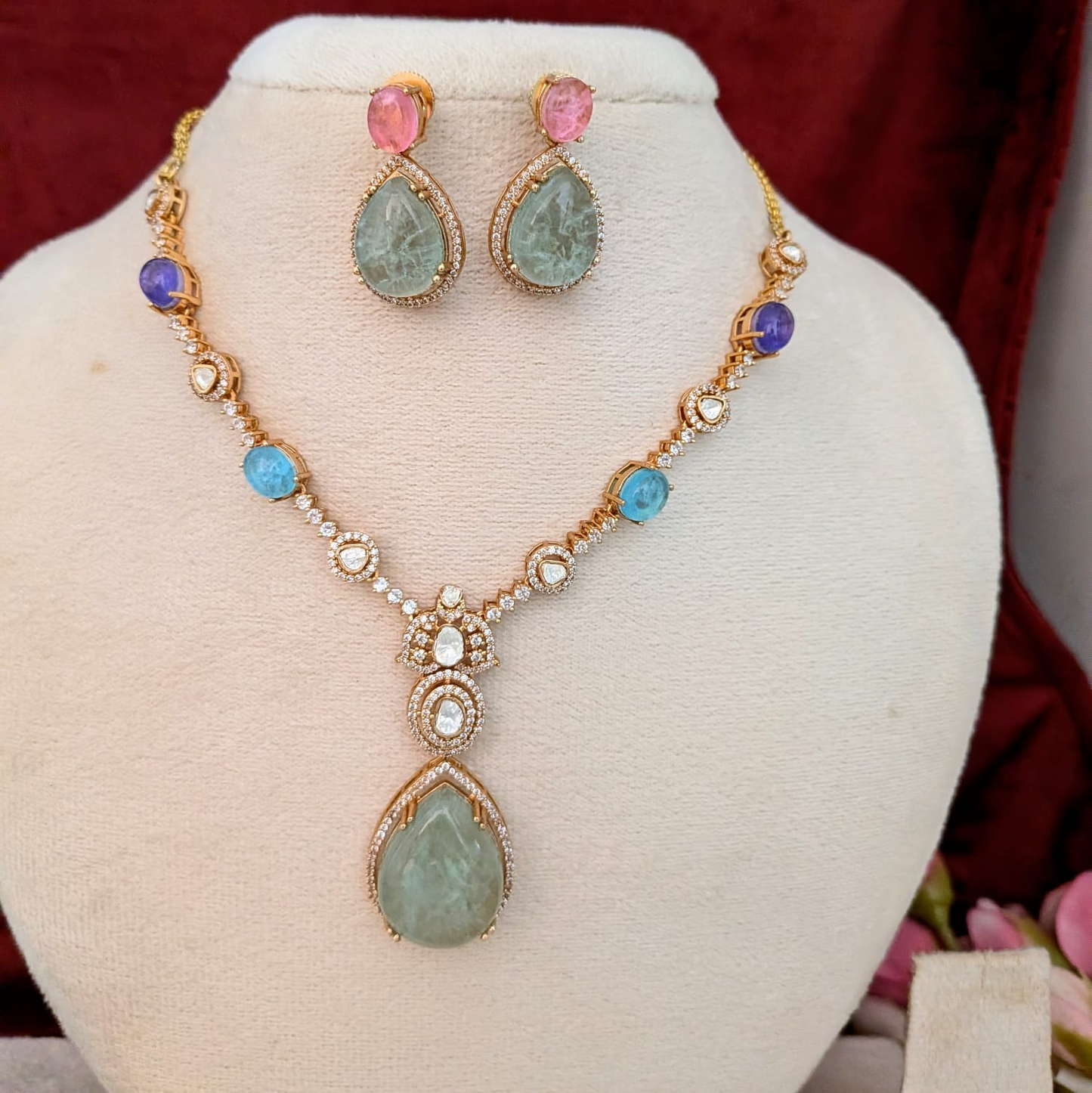 Polki moisanite doublet stone necklace set