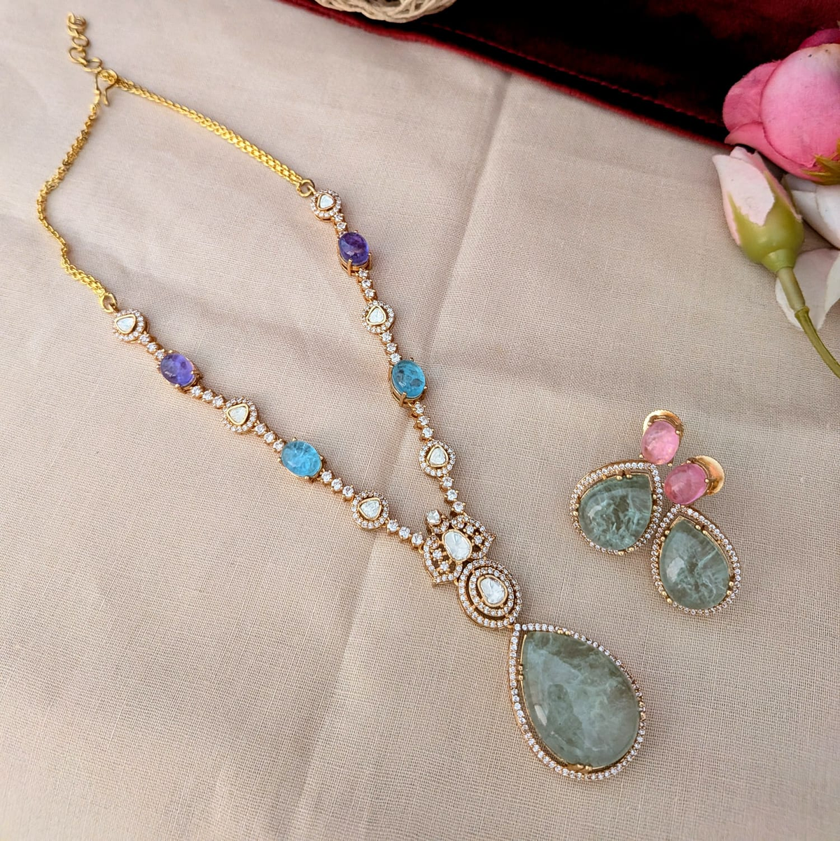 Polki moisanite doublet stone necklace set