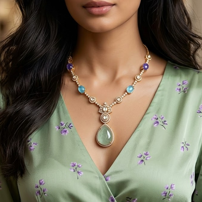 Polki moisanite doublet stone necklace set