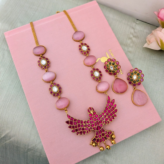 Gandaberunda Jadau kundan pink fusion necklace