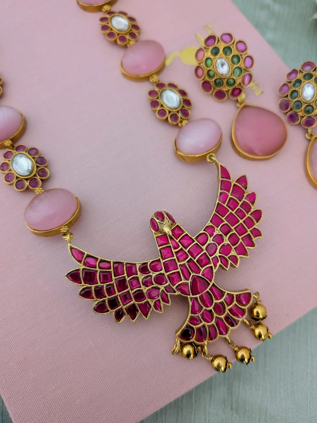 Gandaberunda Jadau kundan pink fusion necklace